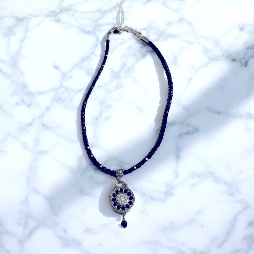 Brighton reversible Silver Pendant and black beaded necklace EUC